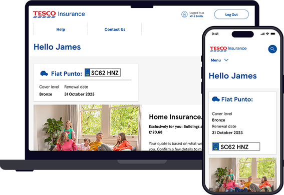 A personalised Your Insurance Account welcome page displayed on a laptop and smartphone screen.