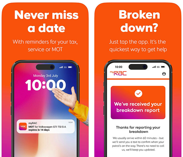 Using the myRAC app to view a MOT reminder and report a breakdown. Screenshot of the app screens.