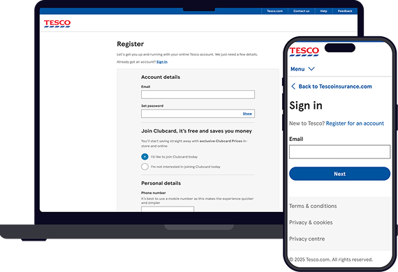 Tesco account sign-in and registration pages shown on a laptop and smartphone screen.
