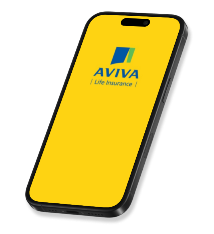 A smartphone screen shows the Aviva logo.