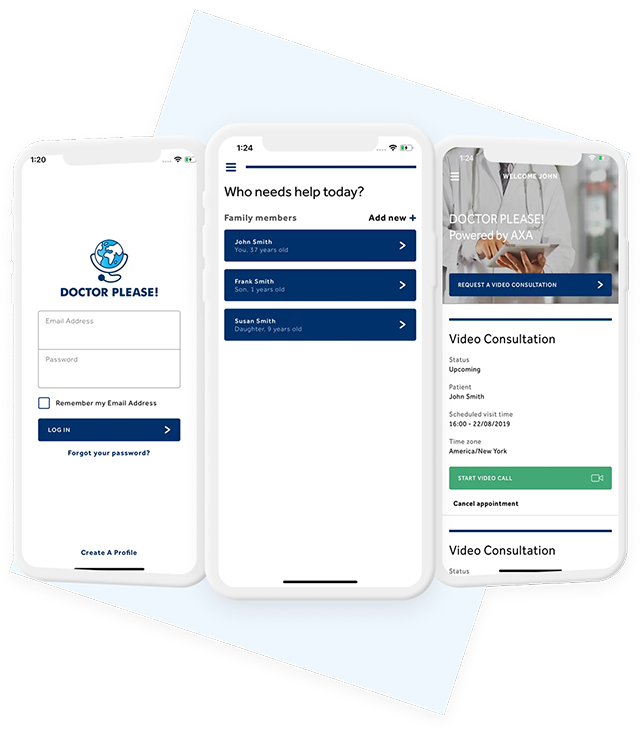Three smartphone screens display the Doctor Please! mobile app, showing step-by-step instructions for booking a doctor appointment.