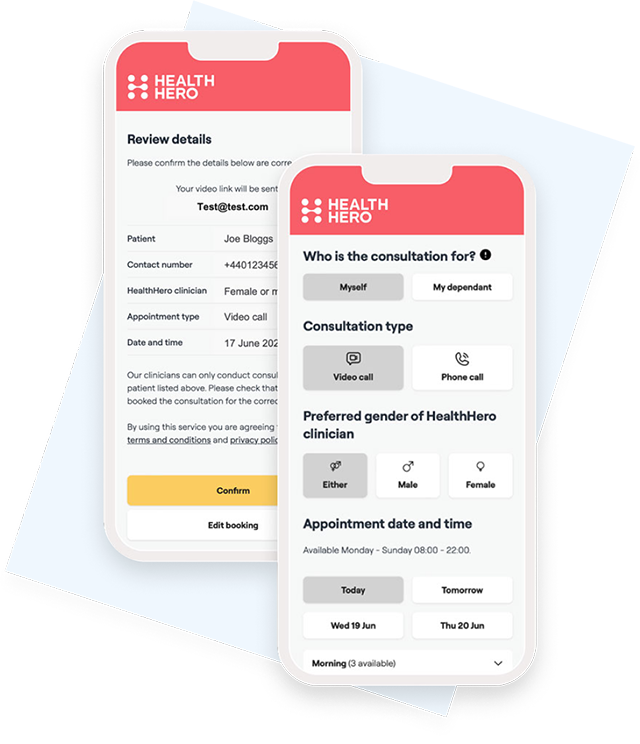 Two smartphone screens display the HeroHealth interface, showing step-by-step instructions for booking a GP appointment online.