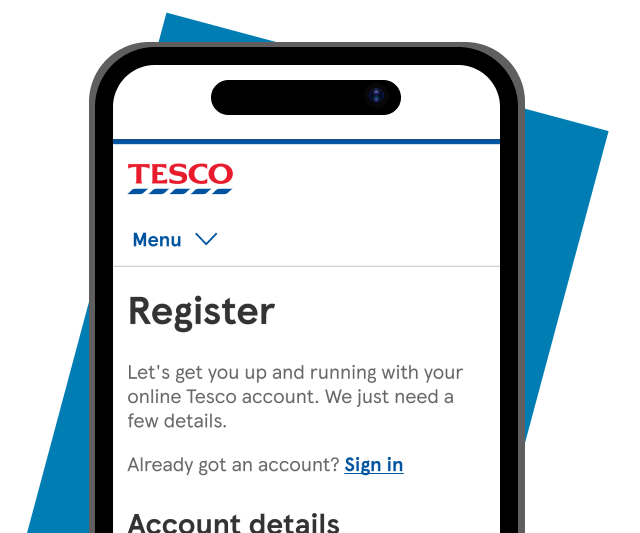 Tesco account sign-in and registration pages shown on a laptop and smartphone screen.